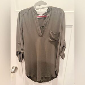 Lush Olive Green Tunic Blouse Split Neck Roll Tab Sleeves Size S